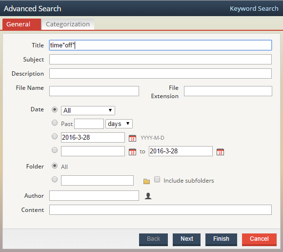 Screenshot of Advanced Search wizard search example
